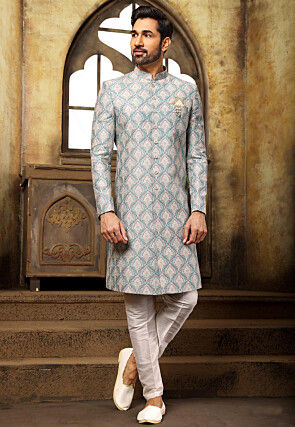 Digital Printed Art Silk Sherwani in Teal Green MGV1476