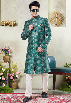 Digital Printed Art Silk Sherwani in Teal Green