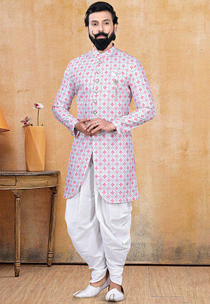 Digital Printed Art Silk Sherwani in White and Pink