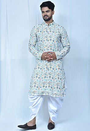 Digital Printed Art Silk Dhoti Kurta in White