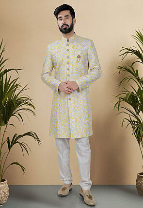 Digital Printed Art Silk Sherwani in Yellow