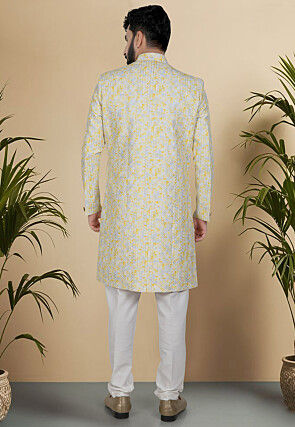 Digital Printed Art Silk Sherwani in Yellow