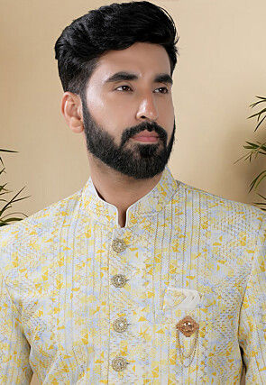 Digital Printed Art Silk Sherwani in Yellow