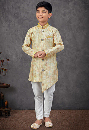 Digital Printed Art Silk Sherwani in Yellow