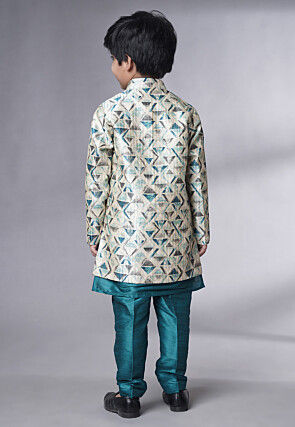 Digital Printed Art Silk Sherwani Set in Teal Blue