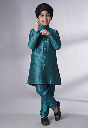 Digital Printed Art Silk Sherwani Set in Teal Blue
