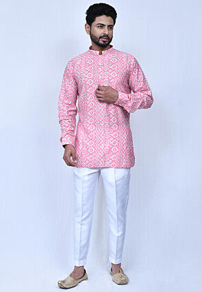 Digital Printed Art Silk Short Kurta Set in Pink