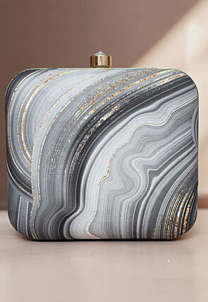 Digital Printed Art Silk Square Clutch Bag in Grey