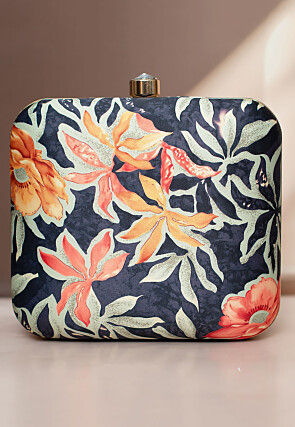 Digital Printed Art Silk Square Clutch Bag in Grey