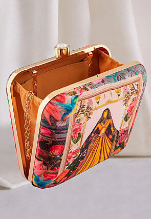 Digital Printed Art Silk Square Clutch Bag in Multicolor