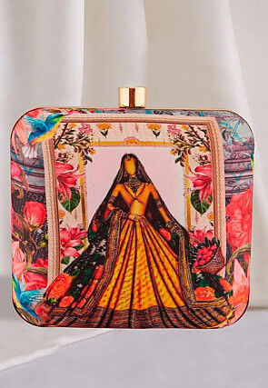 Digital Printed Art Silk Square Clutch Bag in Multicolor