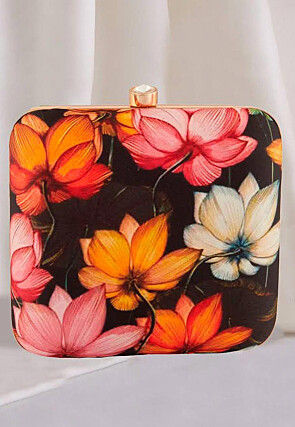 Digital Printed Art Silk Square Clutch Bag in Multicolor