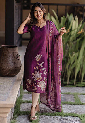 Digital Printed Art Silk Straight Suits in Violet