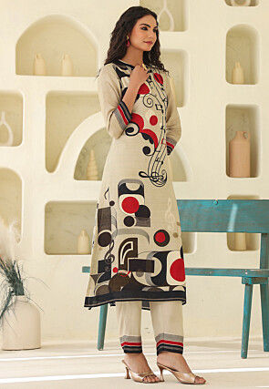 Digital Printed Art Silk Straight Kurta Set in Beige