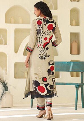 Digital Printed Art Silk Straight Kurta Set in Beige