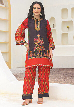 Digital Printed Art Silk Straight Kurta Set in Black and Red