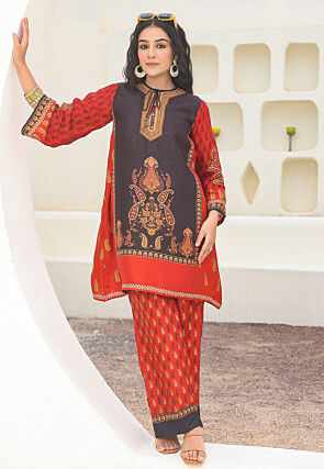 Digital Printed Art Silk Straight Kurta Set in Black and Red