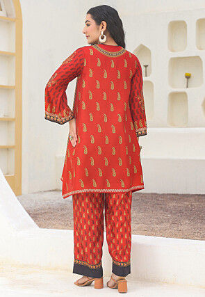 Digital Printed Art Silk Straight Kurta Set in Black and Red