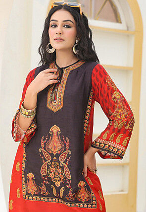Digital Printed Art Silk Straight Kurta Set in Black and Red
