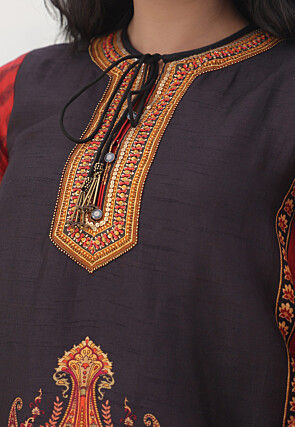 Digital Printed Art Silk Straight Kurta Set in Black and Red
