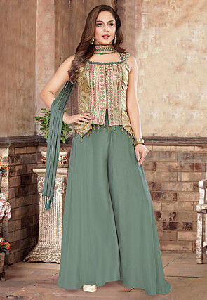Digital Printed Art Silk Top Set in Beige
