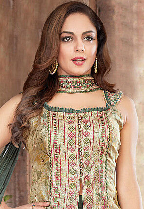 Digital Printed Art Silk Top Set in Beige