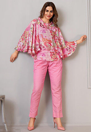 Digital Printed Art Silk Top Set in Pink
