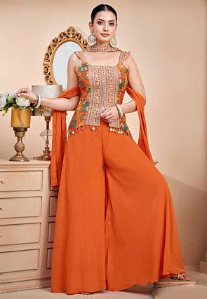 Embroidered Art Silk Top Set in Orange