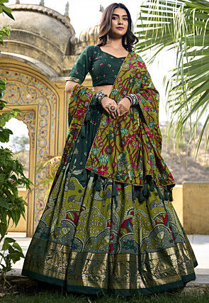 Digital Printed Art Tussar Silk Lehenga in Dark Green and  Green