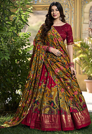 Digital Printed Art Tussar Silk Lehenga in Maroon and Mustard
