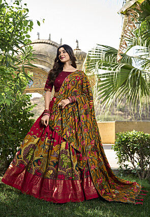 Digital Printed Art Tussar Silk Lehenga in Maroon and Mustard