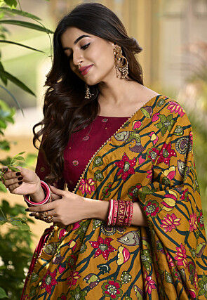 Digital Printed Art Tussar Silk Lehenga in Maroon and Mustard