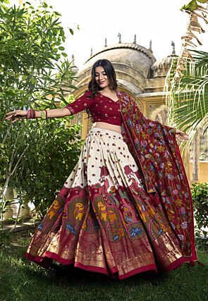 Digital Printed Art Tussar Silk Lehenga in Off White and Maroon
