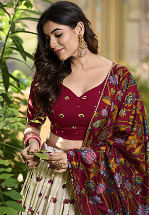 Digital Printed Art Tussar Silk Lehenga in Off White and Maroon