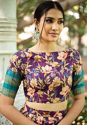 Digital Printed Art Tussar Silk Lehenga in Puple