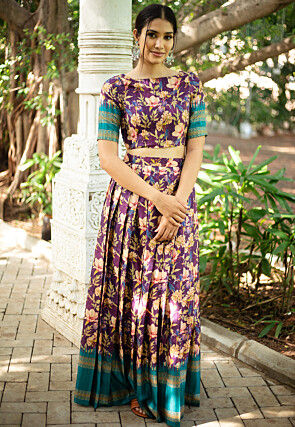 Digital Printed Art Tussar Silk Lehenga in Puple