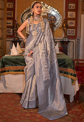 Digital Printed Art Tussar Silk Saree in Grey