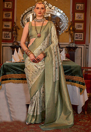 Digital Printed Art Tussar Silk Saree in Olive Green