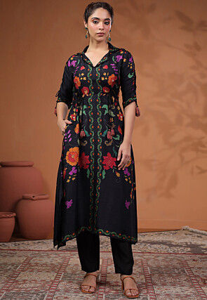 Digital Printed  Art Tussar Silk Straight Kurta Set in Black