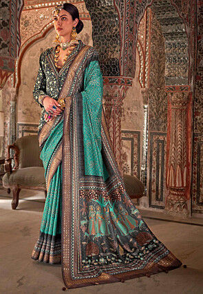 Digital Printed Viscose Silk Saree in Turquoise