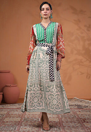Digital Printed Bamberg Viscose Crepe Aline Dress in Grey and Multicolor
