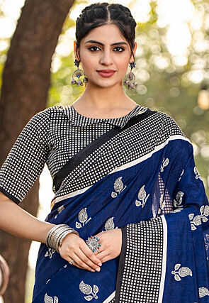 Digital Printed Bhagalpuri Cotton Saree in Blue