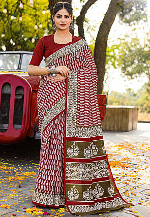 Digital Printed Bhagalpuri Cotton Saree in Maroon