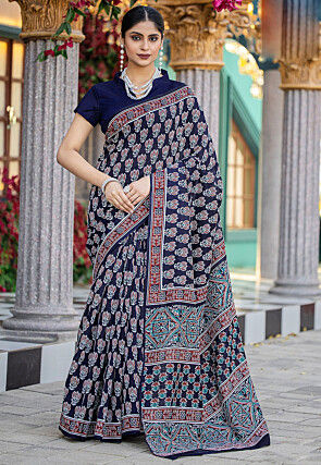 Digital Printed Bhagalpuri Cotton Saree in Navy Blue