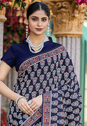 Digital Printed Bhagalpuri Cotton Saree in Navy Blue