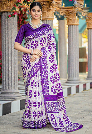 Digital Printed Bhagalpuri Cotton Saree in Off White and Purple