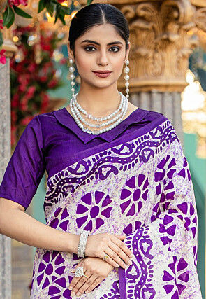 Digital Printed Bhagalpuri Cotton Saree in Off White and Purple