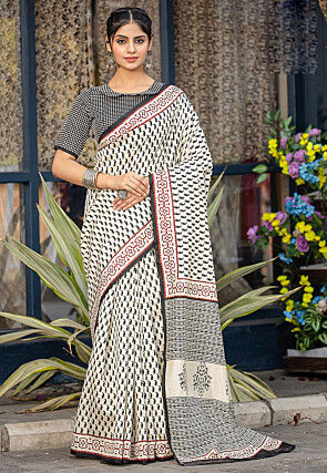 Digital Printed Bhagalpuri Cotton Saree in Off White