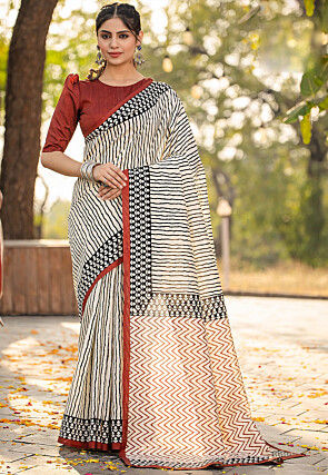 Digital Printed Bhagalpuri Cotton Saree in Off White