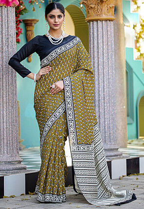 Digital Printed Bhagalpuri Cotton Saree in Olive Green